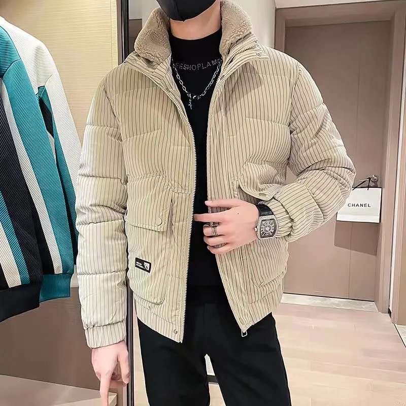 Striped fur collar down cotton jacket men's new winter standing collar men's fashion brand warm and thick cotton jacket