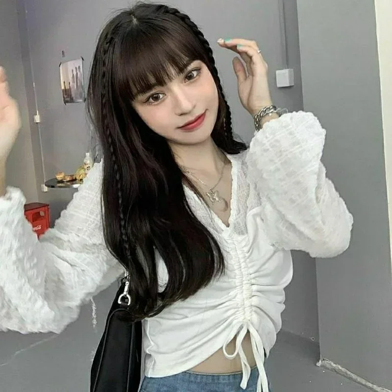 

Fake 2 Piece Blouses for Women Shirring Aesthetic Slim Sexy V-neck Korean Style High Street Y2k Clothes Kawaii Long Sleeve Tops