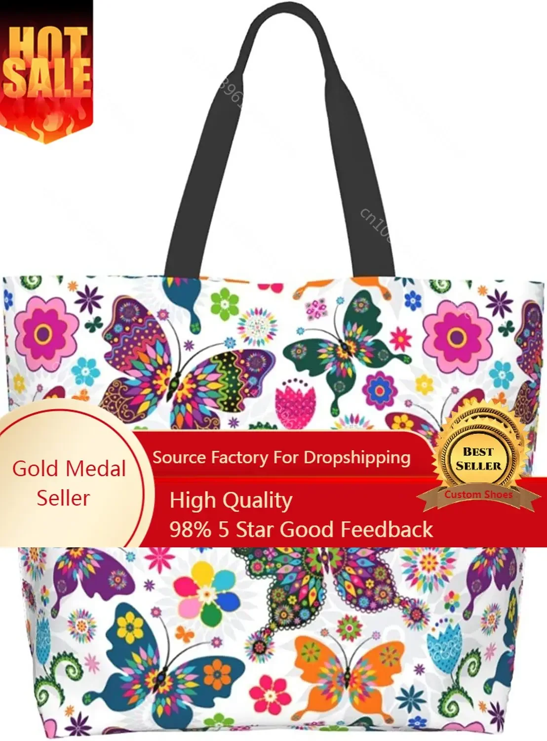 Butterfly Pattern Tote Bag Large Shoulder Bag Casual Reusable Handbag for Women Shopping Grocery Work