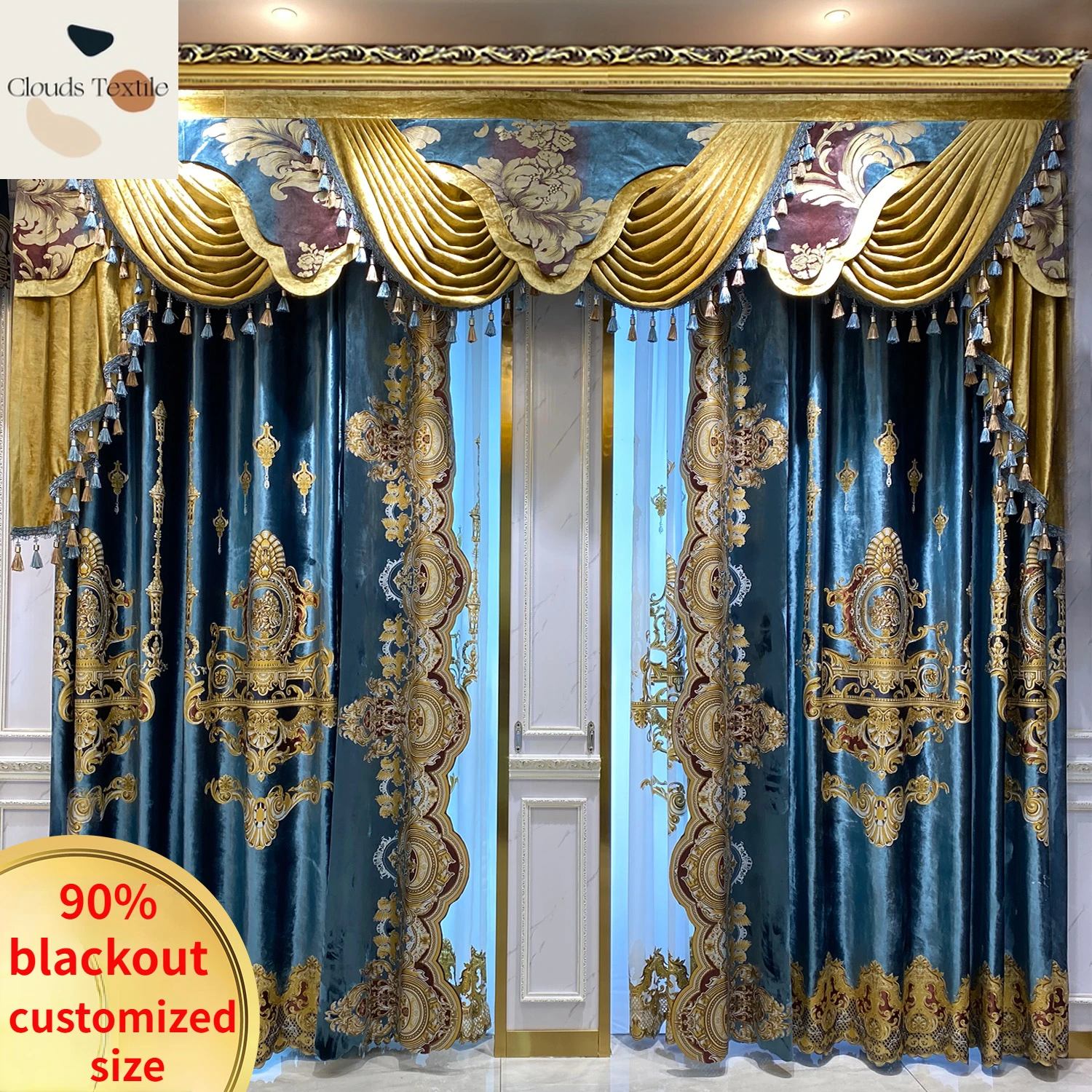 

Custom European Palace Luxury Curtains for Living Room Bedroom Blackout Tulle Valance Blue French Iace Velvet Embroidered Villa