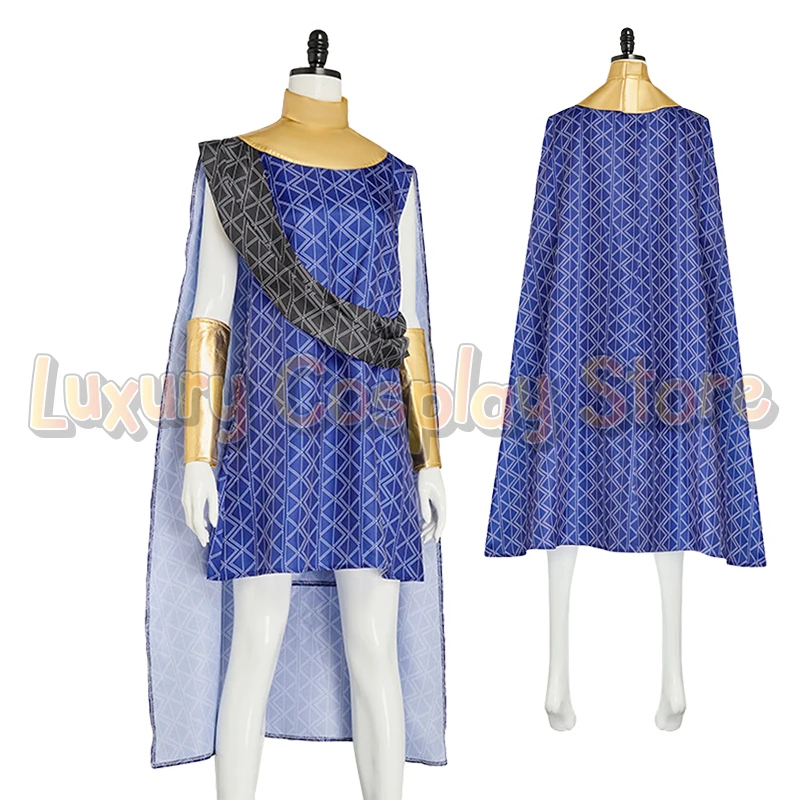 

Movie Panther Cosplay Okoye Costume Blue Dress Cloak Golden Collar Woman Superhero Tribe Outfit Halloween Carnival Party Suit