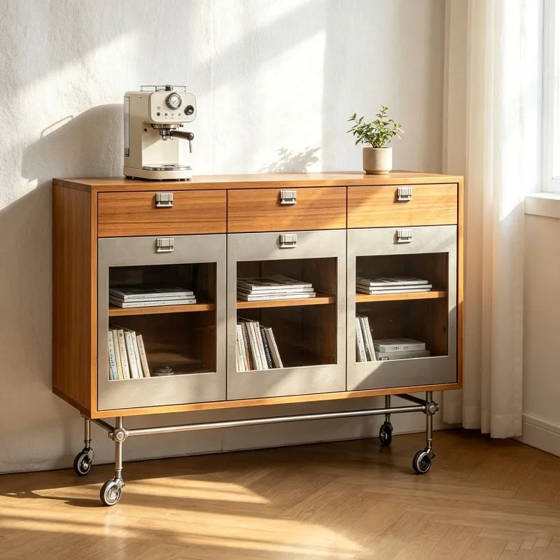 Retro mobile coffee cabinet, multi-drawer console with roller, home coffee corner storage locker bar cabinet
