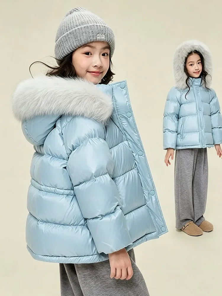 Warmer Winter-Puffermantel für Mädchen, hellblau, abnehmbarer Pelzkragen, mit Kapuze, wasserdicht, dick, Kinder-Oberbekleidung für kaltes Wetter A5105 – Detail 9