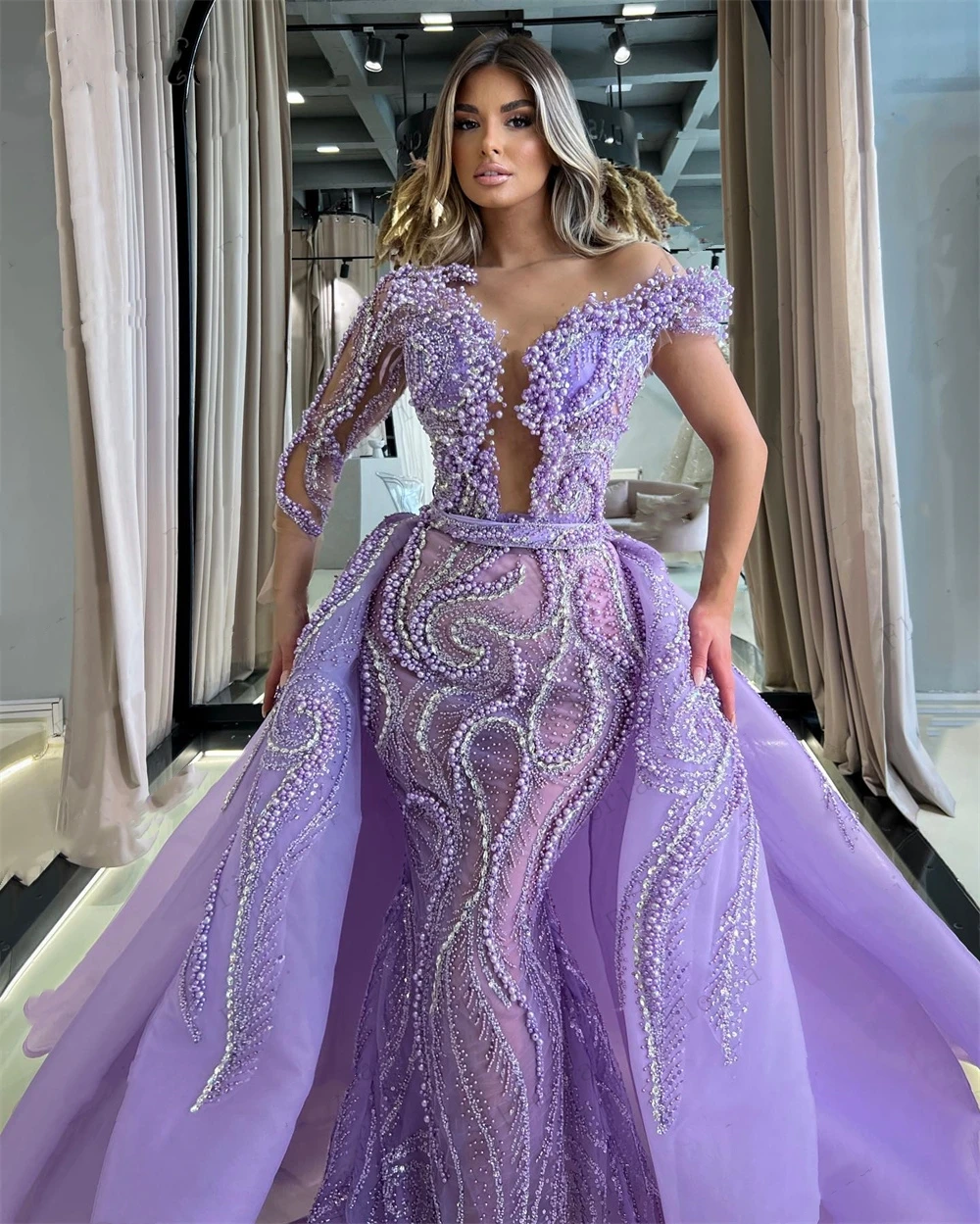 

Gorgeous Pearls Sequins Beading Mermaid Prom Dresses Detachable Train Off Shoulder Evening Gowns Custom Made Robe De Soirée