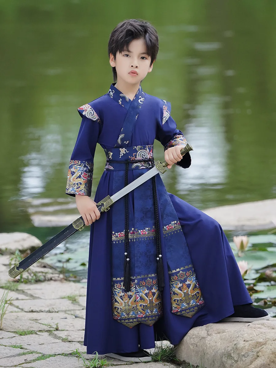 Boys Hanfu Stage Outfit Chinese Robe Baby Tang Suit Children Ancient Chinese Traditional Swordsman Costume Kids New Year Clothes