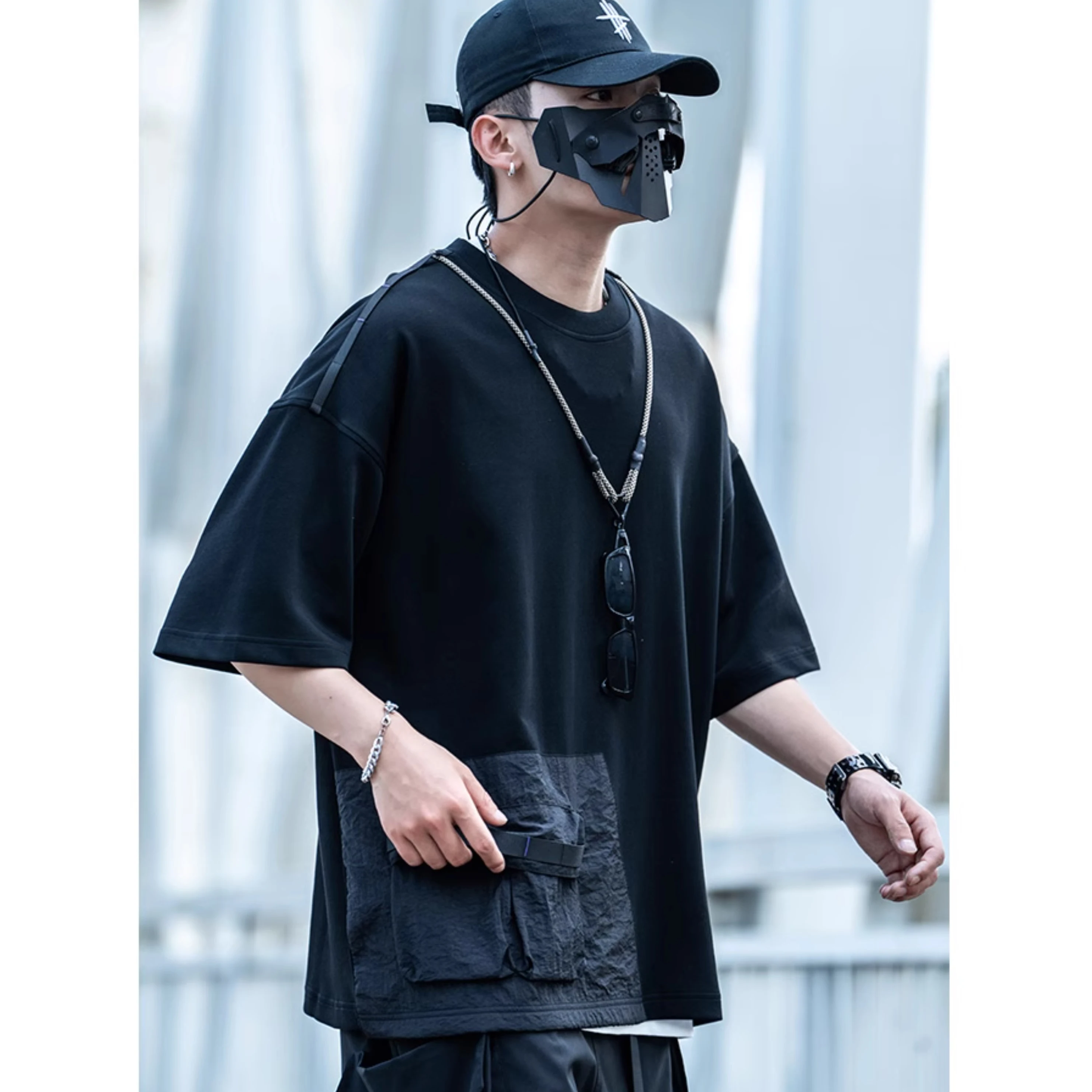 2025 Summer Functional T-Shirt Mens Techwear Loose Pocket Patchwork Short Sleeved T Shirt Streetwear Tshirt for Couples Tees Top