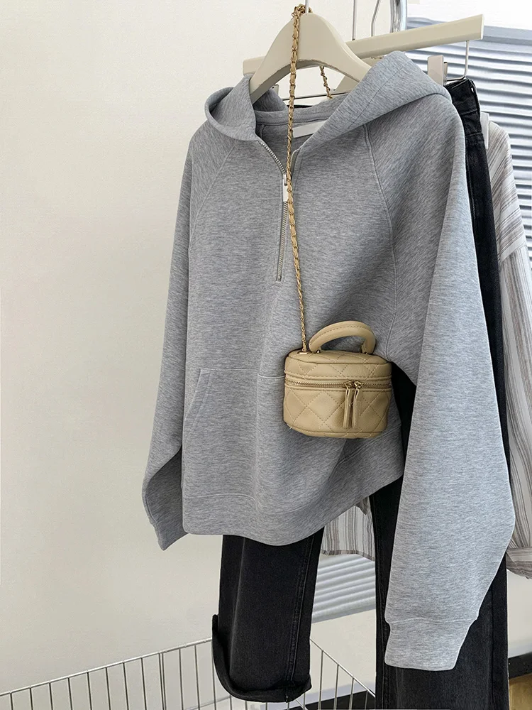 

Women Hoodie Harajuku Loose Oversized Solid Color Top Half Zip Up Sweatshirt Lazy Style Casual Long Sleeve Pocket Hooded Tops