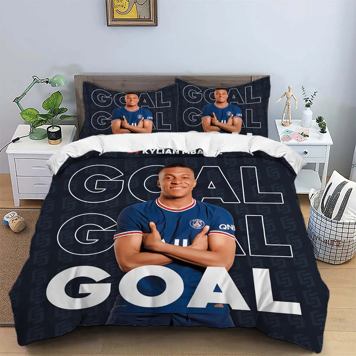 3 piece matte polyester fabric bedding set, gentle, skin friendly, warm, sports, football stars, portrait printing