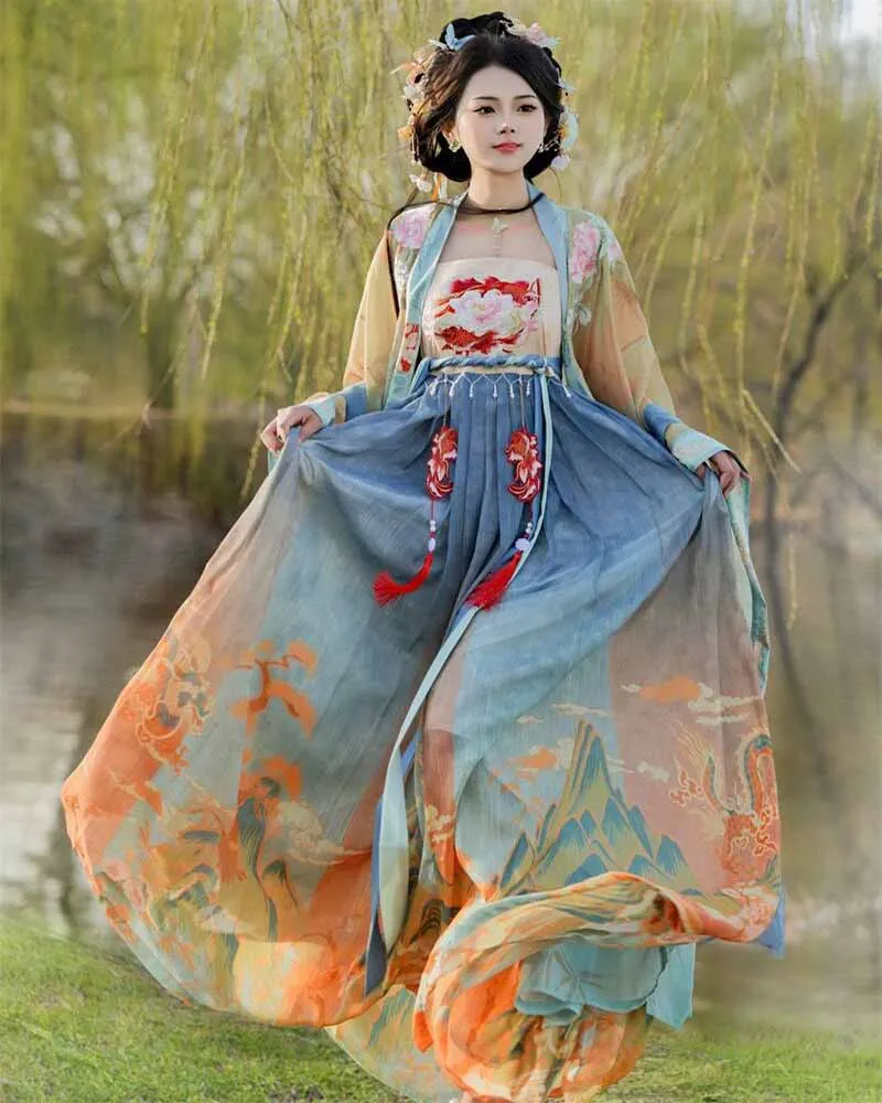 Chinese Hanfu Jurk Vrouwen Fee Cosplay Kostuum Feest Outfit Oude Traditionele Vintage Tang Dynastie Zomer Bedrukte Hanfu Pakken