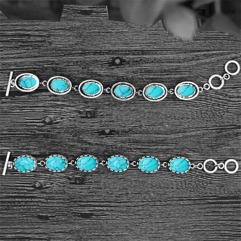 5 Colors Oval Synthetic Turquoises Bracelets For Women Flower Bead Antique Silver Plated Fashion Jewelry TB291