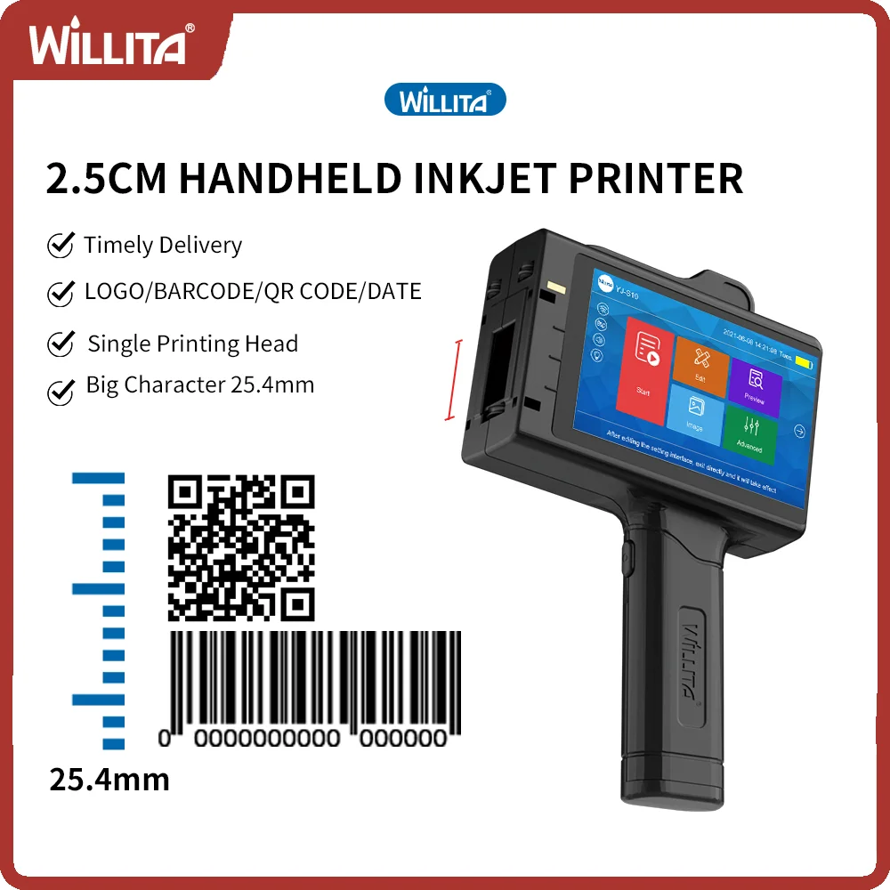 Willita Handheld Inkjet Printer Portable Handheld Print Gun Thermal Inkjet Printer for Plastic/Metal/Glass/Cartoon Box Materials