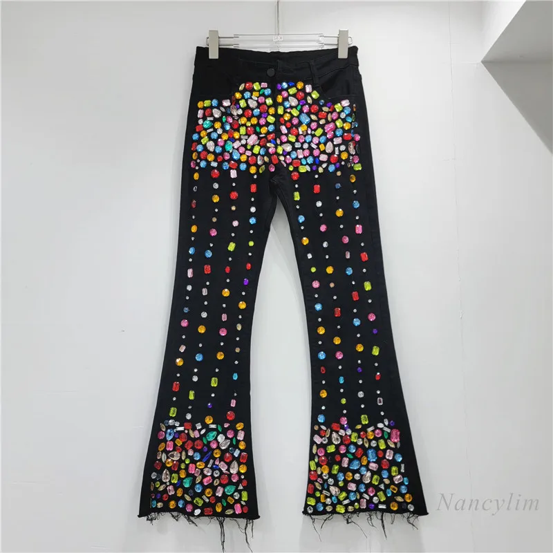 

European Street Autumn Black Jeans Women New Heavy Diamond Studded By Hand Beaded High Waist Slimming Stretch Skinny Jeans