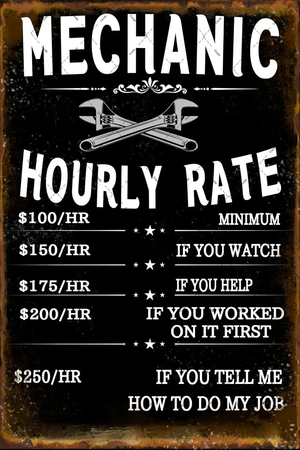 Cusde Funny Metal Tin Sign Mechanic Hourly Rate Wall Decoration Mechanic Rules Wall Art Vintage Retro Posters for Room Garage 12