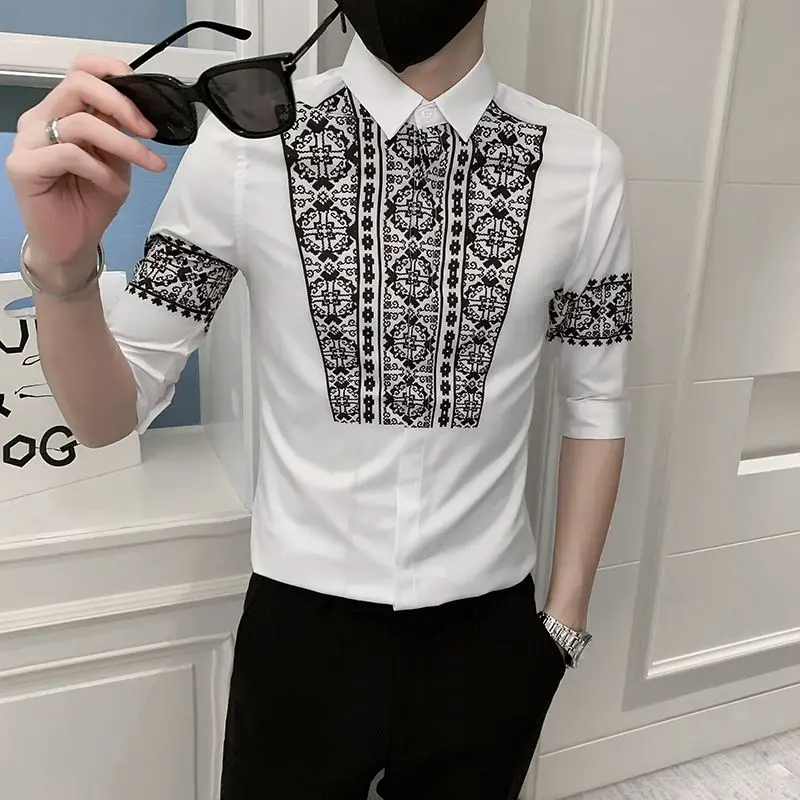 Fashion Lapel Spliced Half Sleeve Printed Shirts Men\'s Clothing 2023 Summer New Oversized Casual Tops Loose Korean Shirt