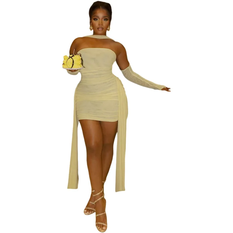 European and American 2026 fashion new women's halter sleeve pleated strapless ribbon and hip-hugging short skirt set