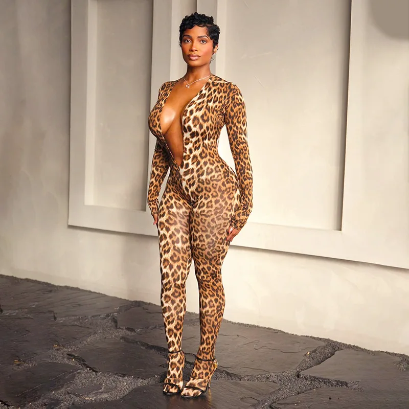 

Leopard Print Jumpsuits Woman Deep V-Neck Cleavage Backless Full Sleeve Skinny Peach Hip Hot Girls Street Sexy Overalls