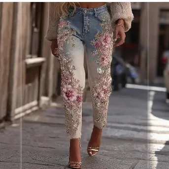 رومانسية الوردي روز زهرة طباعة الجينز خمر أنيقة زرر السراويل النسائية الخريف عالية الخصر سليم شيك بنطلون Harajuku #3