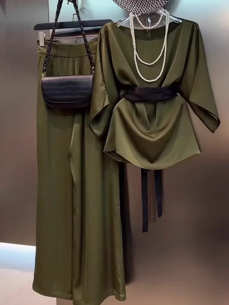 

Spring Date Skirt Set Elegant Military Green Satin Women's Suit Commute Korean Style High Waist Long Pants round Neck Seven S...