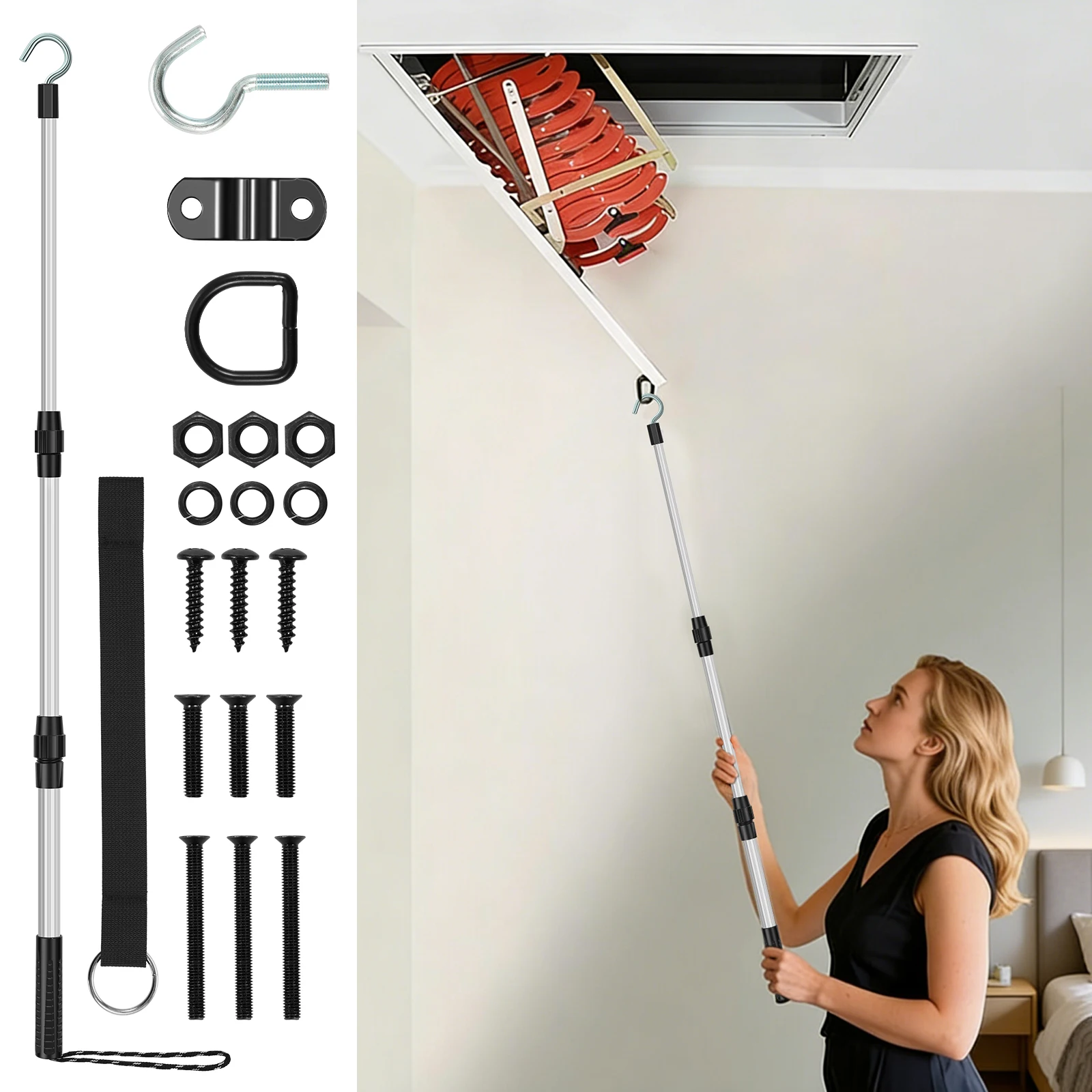 Attic Ladder Pull Down System Hook Kit Adjustable Attic Stair Door Puller Pole with D Ring Extension 51 Inch Rod for Garage Door