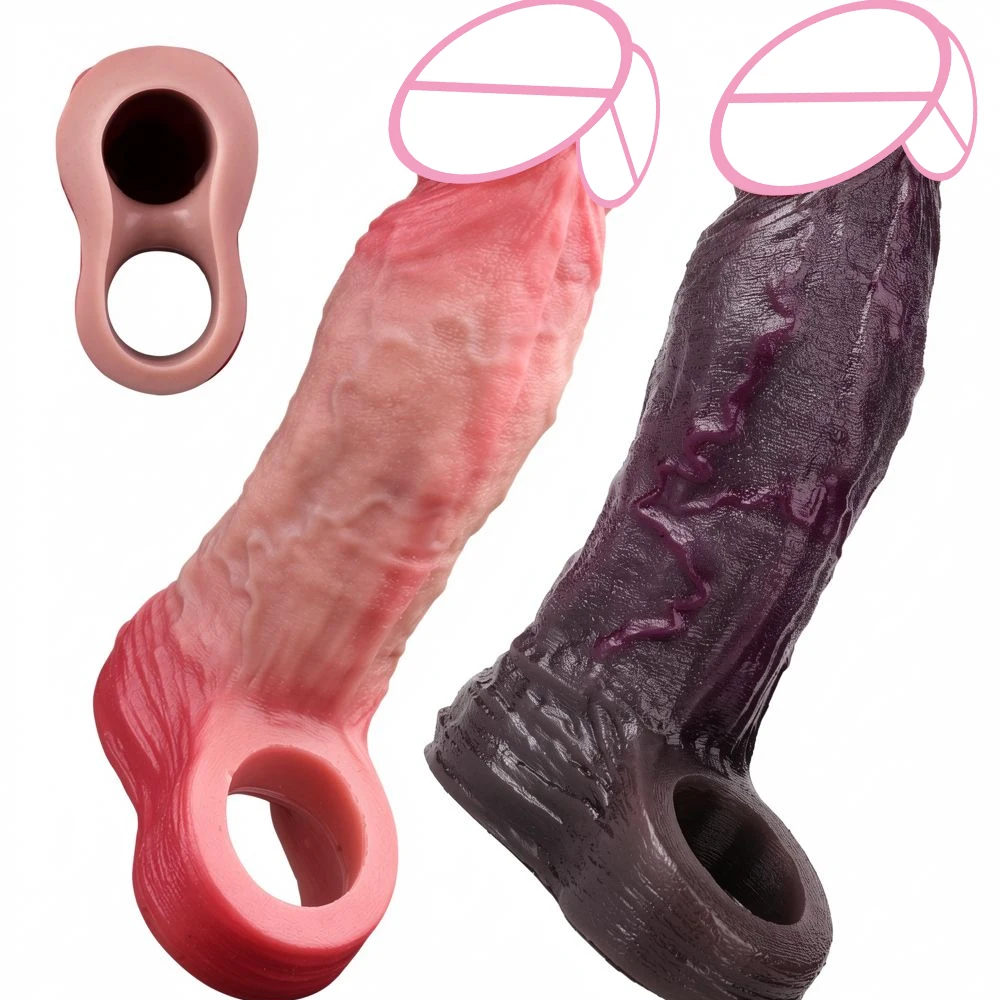 SXXY 2 Colors Penis Sleeve Skin Texture Lifelike Hollow Dildo Male Cock Cover Elastic Silicone Delay Ejaculation 18+ Sex Tools