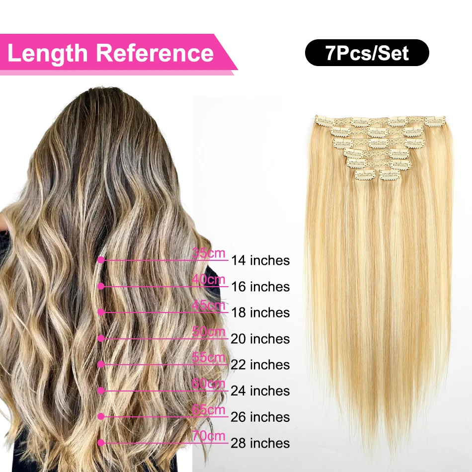 Extensiones de cabello humano con Clip P18/60 #, cabello Remy brasileño, 100% cabello humano, Clip de cabeza completa, 7 unids/lote por paquete de 14-28 pulgadas