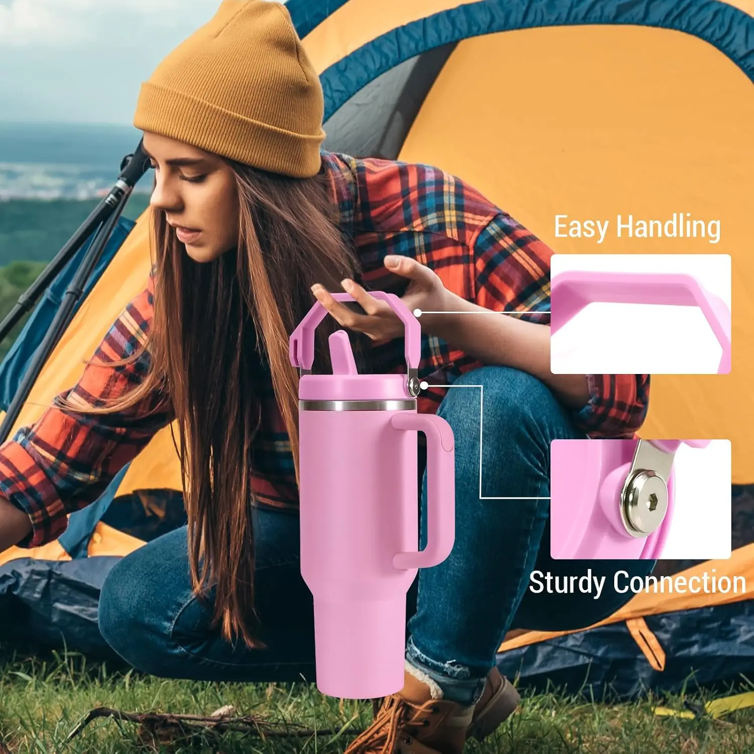 14oz/30oz/40oz For Cup Tumbler Lid with Handle, Flip Straw Lid Replacement,  Leak Proof Reusable Cup Cover Equipped with straw