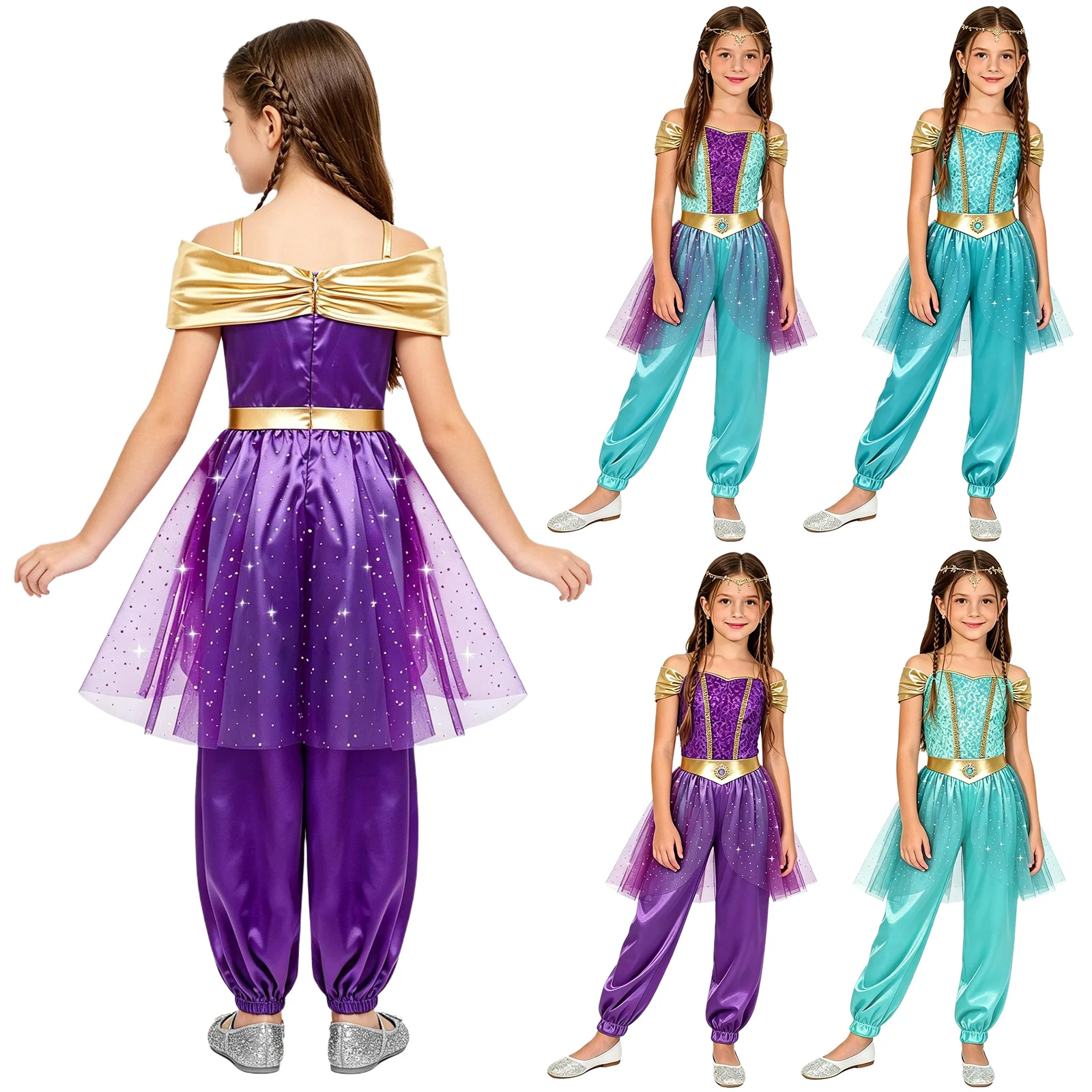 Girls Sequined Tulle Overlay Jumpsuit for Girls Arabian Princess Costume Belly Dance Rompers for Halloween Carnival Dress-up - view 2
