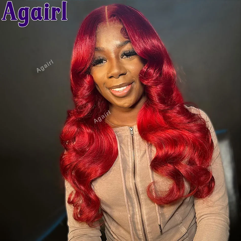 

200 Density Cherry Red Ready Go 13x6 13X4 Body Wave Lace Frontal Human Hair Wigs 32 Inch 5X5 Lace Closure Colored Wigs For Women