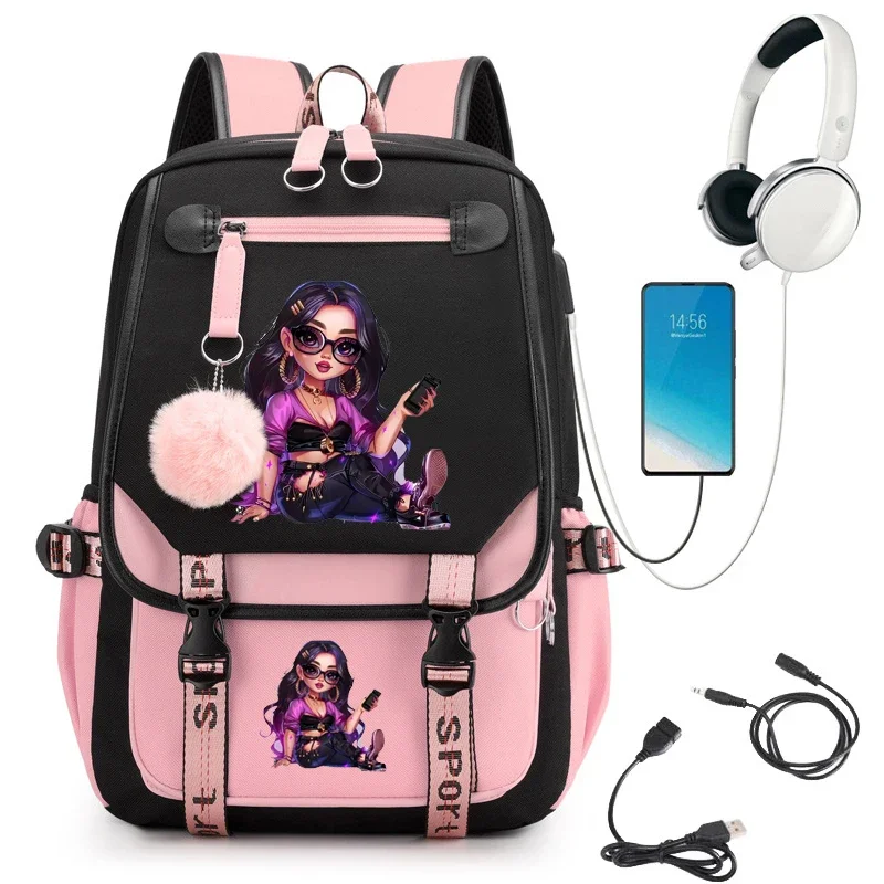 Black Girl Print Cartoon School Bag for Student Teens Usb Bookbag Laptop Mochila Teenage Backpack Kawaii Bagpack