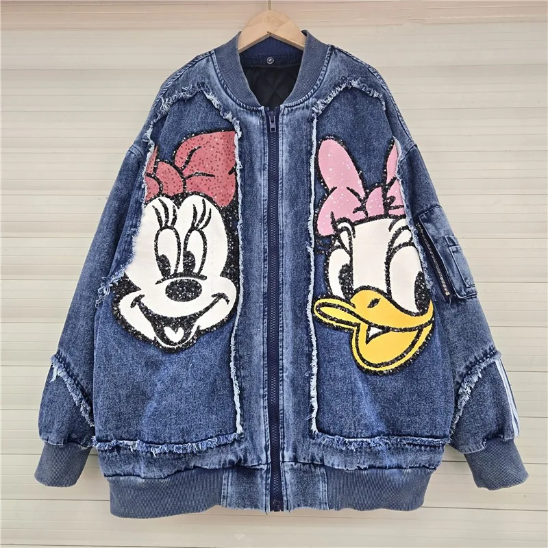 แจ็คเก็ตยีนส์ผู้หญิงทรงโอเวอร์ไซส์ลายการ์ตูนสีสันสดใส - แจ็คเก็ตสตรีทแวร์สไตล์ฮิปฮอปประดับเลื่อมงานฝีมือหนัก ปี 2025 พร้อมแผ่นเสริมทรงแบบถอดได้