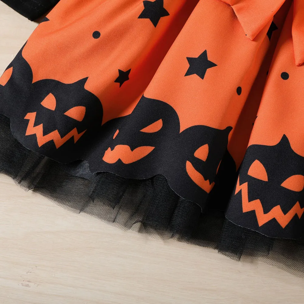 1-6Y Halloween Baby dresses Pumpkin star Print Long Sleeve Dress Bow Patchwork Dress fashion Girl outfits