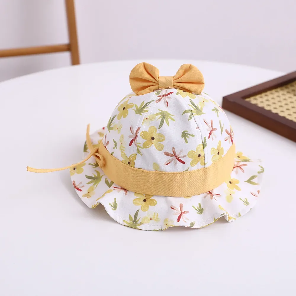 Baby's Flower Printed Sun Hat, Girl's Wave Edge Bowtie Cotton Cap, Child Wave Brim Sunshade Hat, Little, New, 6-24 Months, 2025