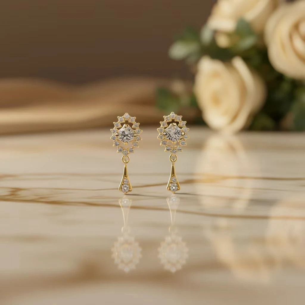 Luxury Gold Plated Diamond Drop Earrings for Women | Round Brilliant Cut G Color Simulated Diamond Wedding Bridal Jewelry