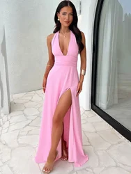 TARUXY Halter Backless Maxi Dress For Women Lace Up Plunge Higt Waist Split Sexy Holiday Long Dress Elegant Club Party Vestidos
