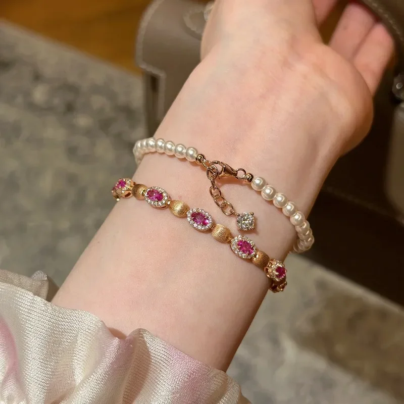 Vintage light luxury style wire drawing inlaid oval ruby bracelet for women High quality exquisite wedding bride bangles jewelry