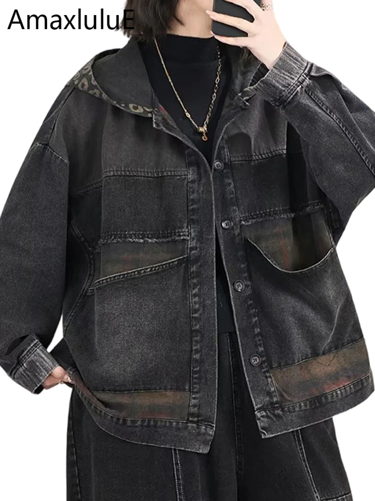 

Amax LuluE 2026 Spring Fashion Loose Hooded Coats Ladies Korean Vintage Denim Jackets Womens Classic Leisure Elegant Outerwear