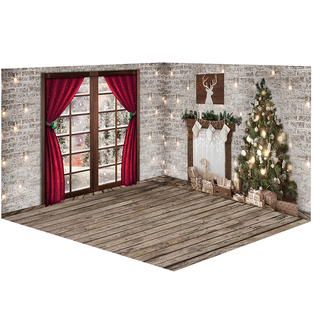 Фон для фотосъемки Рождественский камин Рождественская елка Гирлянда Окно Фон для фотосъемки семейный портрет фото реквизит студийная буд...