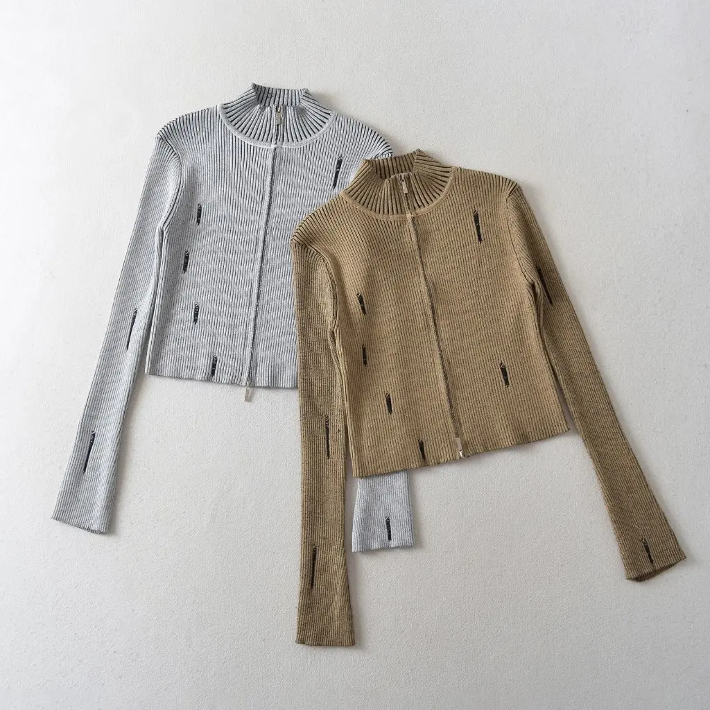 

Women's Slim Fit Long-Sleeved Sweater Ripped Double Zipper Short Top for Spring And Autumn