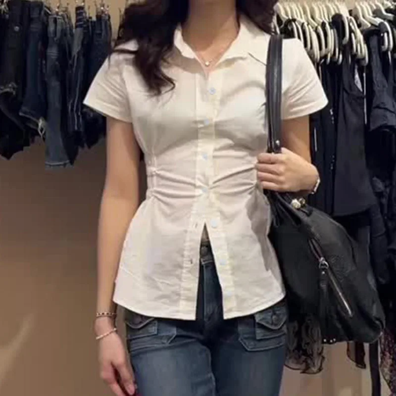 

European and American summer new temperament waist slimming short sleeve design sense top retro elegant casual white shirt
