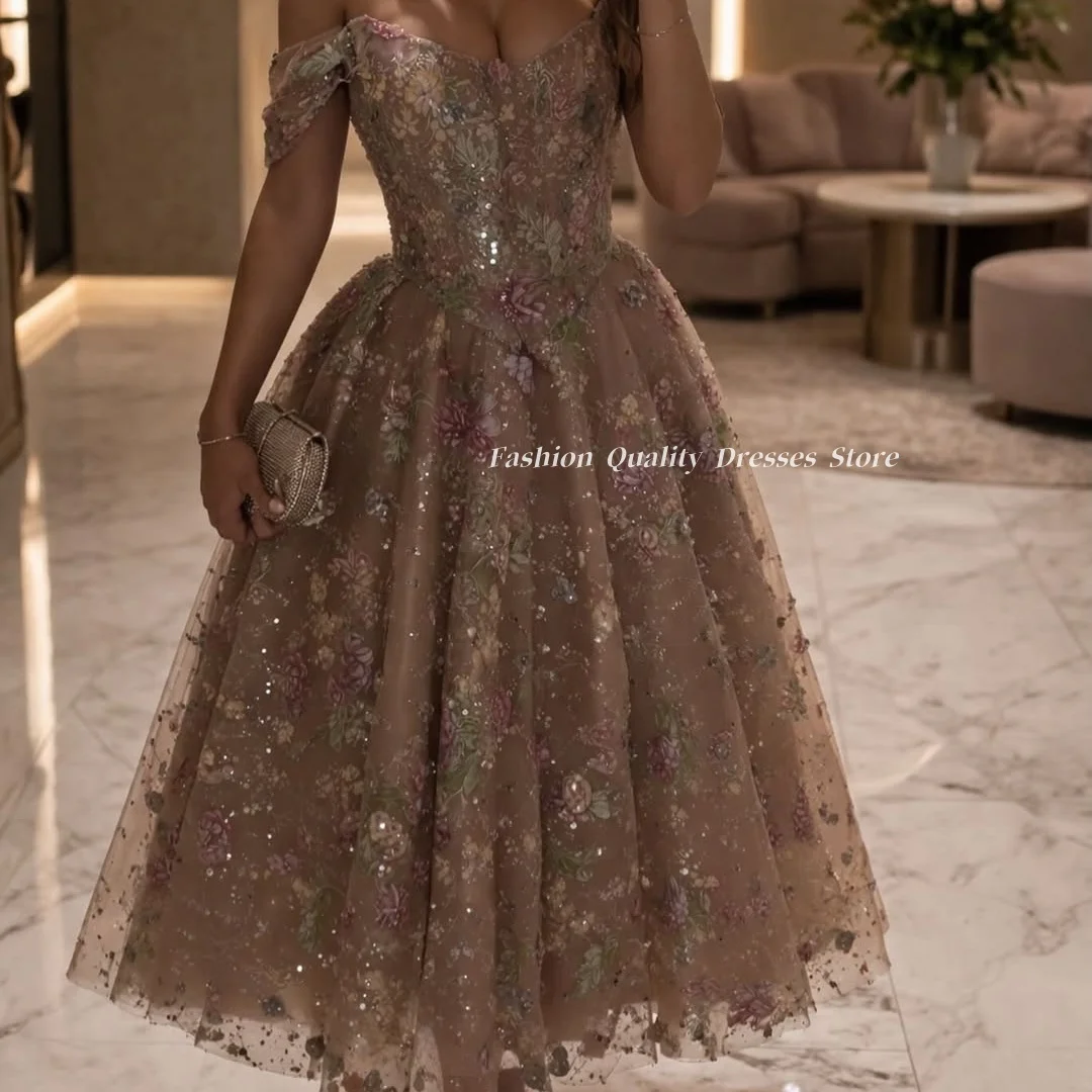 Evening Dresses for Women 2026 Luxury Floral Embroidery Off Shoulder Sequins Tea Length Formal Prom Gown vestido Customized