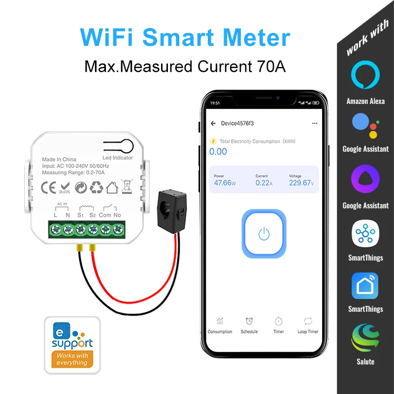 

eWelink Smart WiFi Energy Meter 70A 1/Channel And 10A Smart Swtich With Clamp App Monitor Solar Export And Import Power 110/240V