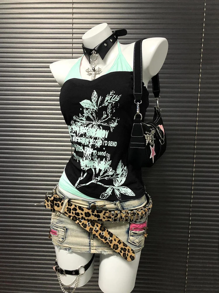 

Fake Two Piece Tank Tops Sleeveless Y2K Aesthetic Letter Print Camisoles Vintage Women Harajuku Grunge Halter Streetwear Tanks