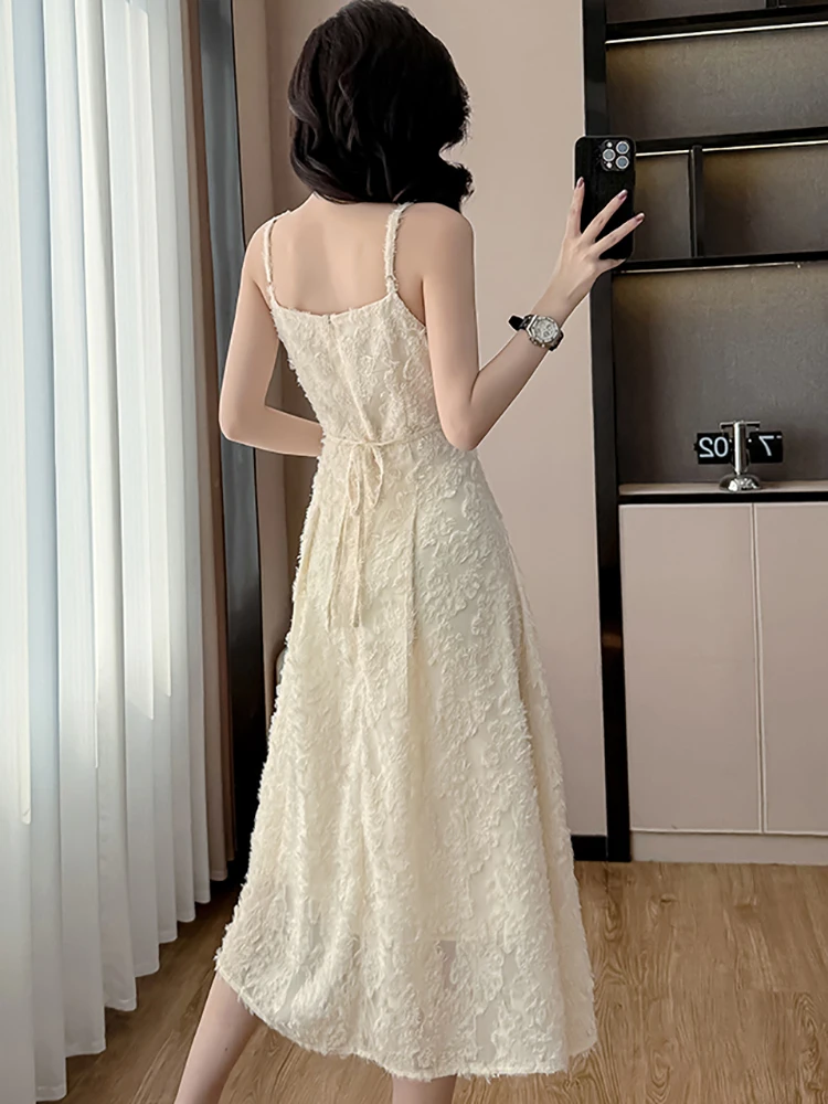 2025年夏ファッションレースジャカードシックなスリングセクシーロングドレス韓国エレガントラグジュアリーパーティーVestidos女性プリーツボディコンVestidos