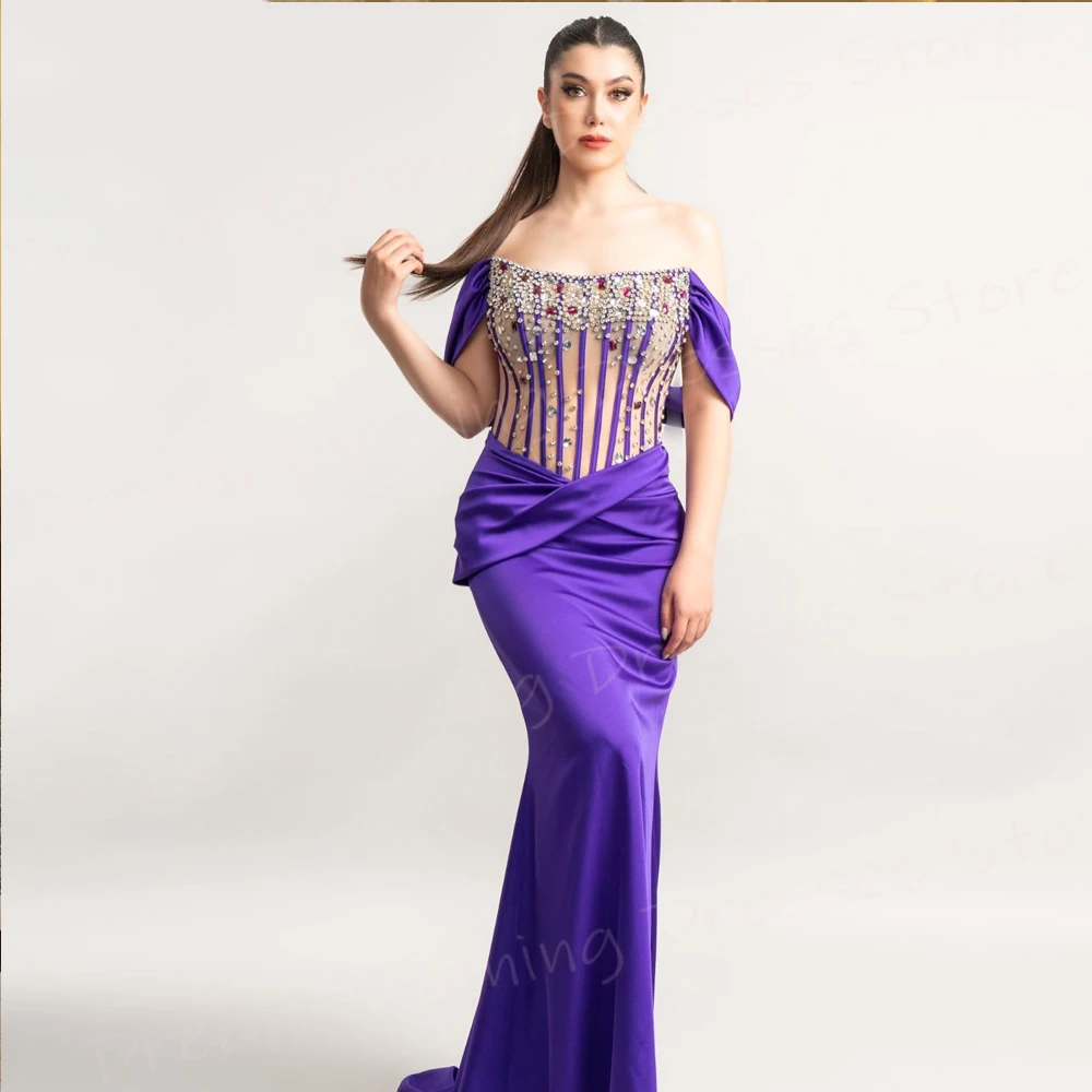 

Graceful Purple Mermaid Modern Women's Evening Dresses Pretty Off The Shoulder Prom Gowns Formal Patty Beaded Vestido De Noche