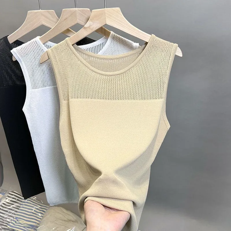 Gilet estivo in seta di ghiaccio sottile lavorato a maglia pullover scavato casual stile coreano moda casual 2025 canotte da donna