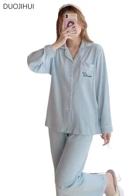 DUOJIHUI Sweet Two Piece Solid Color Female Pajamas Sets Spring Simple Cardigan Basic Pant Fashion Casual Home Pajamas for Women