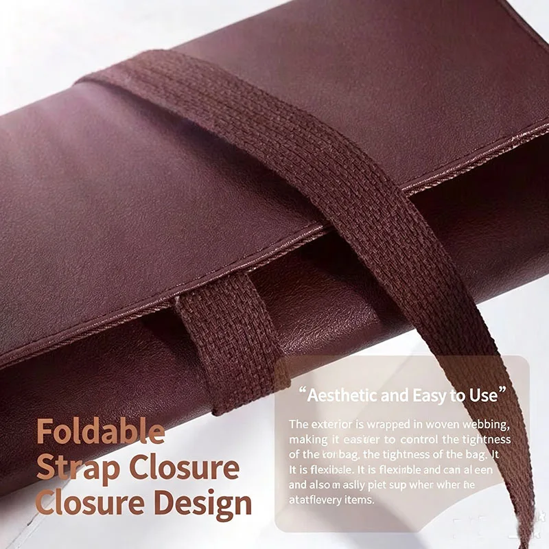 Bolsa Enrollable para Brochas de Maquillaje de Cuero PU, Bolsa de Almacenamiento Plegable para Brochas Cosméticas, Bolsa Organizadora de Maquillaje de Viaje con Múltiples Ranuras y Correa de Sujeción