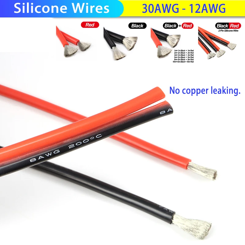 

1-10M Soft Silicone Wire Black Red 2Pin Cable 30 28 26 24 22 20 18 16 14 12AWG Tinned Copper Car Battery Automotive Wiring