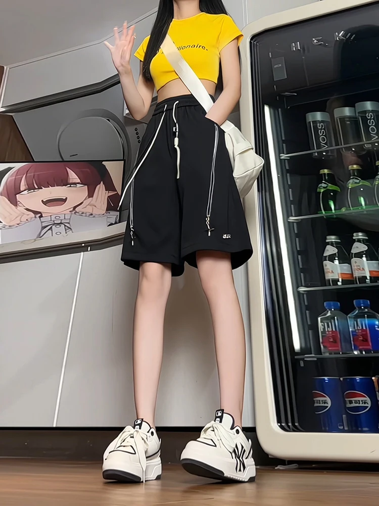 

High Waist American Zipper orts Men's Summer Bla Casual Workwear Loose Fit Five-Quarter Pants Wide Leg Loose Mid-Calf