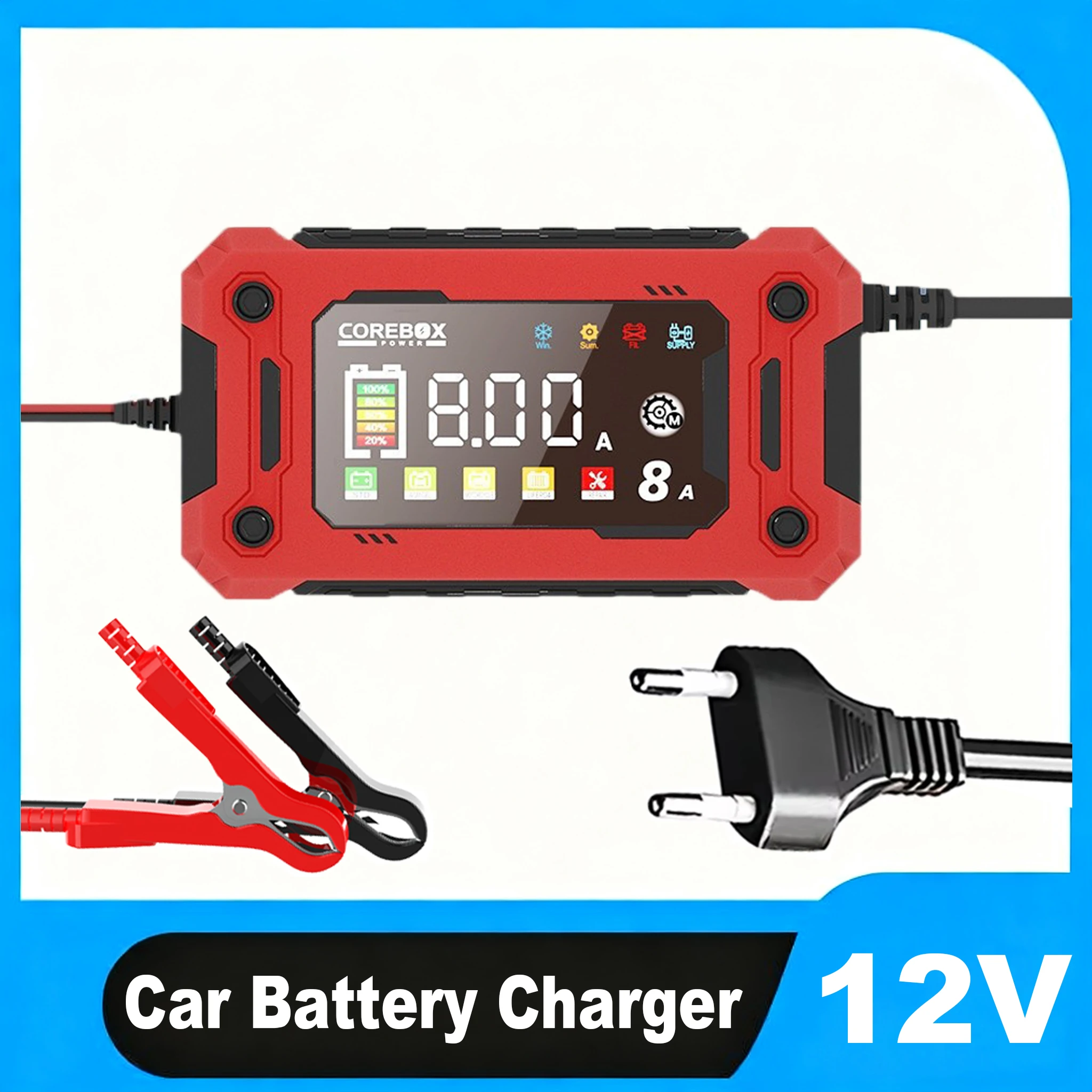 

12V 8A 15A Car Charger 14.6V Motorcycle Truck Emergency Jump Starter Digital Display For Lifepo4 Lead Acid AGM GEL Batteries